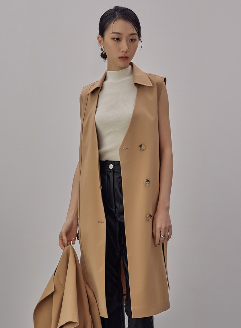 率性無袖長版風衣外套